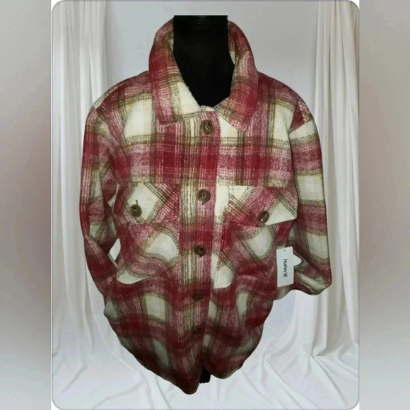 Hurley Shacket Red Plaid Chore Barn Pockets Farmhouse Unisex Jacket - Picture 1 of 7